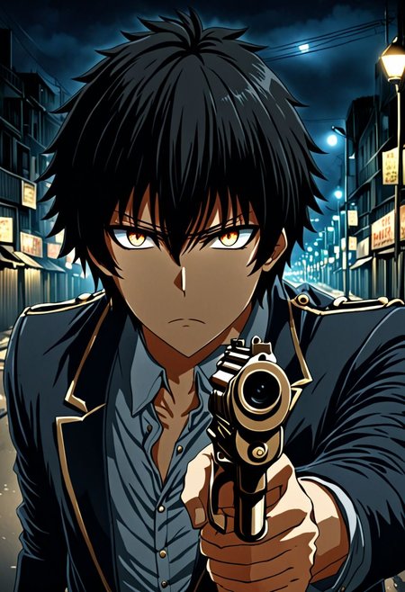 high resolution, solo, best quality, 1Boy, Seiya Kanie, black hair, short hair, portraits, midnight, dim street lights, mysterious, threatening, gun, aiming the gun to the viewer, OverallDetail