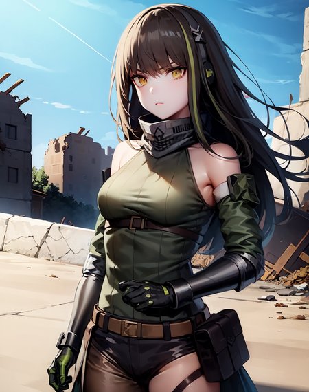 (extremely detailed CG unity 8k wallpaper),(masterpiece), (best quality), (ultra-detailed), (best illustration),(best shadow), (sharp eyeliner, eyeshadow, detailed eyes:1.1), cowboy shot, ruins, rubble, destruction, explosions
,BREAK
(m4a1mod:1.2), mod3 \(girls' frontline\), scowl
 <lora:M4A1:1>