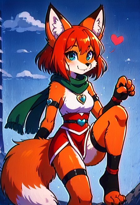 sfxm, anthro, female furry, fox, fox tail, fox ears, body fur, fluffy, paws, scarf, heart-shaped pendant, leg wrap, bandages, looking at viewer, cute style, dic style, super show, smbss style, vintage, cartoon