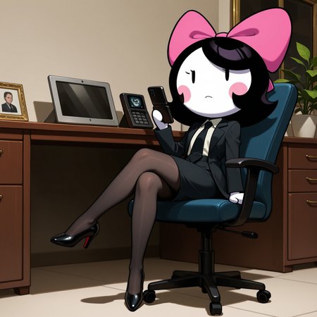 1girl, 2d, solo, Twinsomniagirl, female, white body, white skin, black hair, blush stickers, black eyes, eyelash, no sclera, short hair, black dress, formal, black tie, inner-shirt, pantyhose, black high-heels, pink bow on head

BREAK office, sitting, on office chair, holding black cellphone, looking at cell phone, serious expression, legs crossed

BREAK best quality, amazing quality, very aesthetic, absurdres, newest, masterpiece 