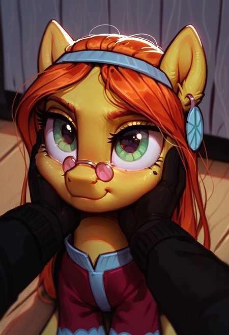 score_9, score_8_up, score_8_up, My Little Pony, 1girl, solo,<lora:add-detail-xl:.5>, depth of field, raw, close up shot, focus on torso, (feral), pony, inside, backstage
BREAK wheat_grass_mlp, (feral), pony, green eyes, orange hair, yellow body, small round sunglasses, peace sigh earrings, red shirt, intimate shot, posing, (view from above), sitting on knees, kneeling, cheek squash, hands on another's face, hands on another's cheeks, male human hand, human on pony action, male body out of frame