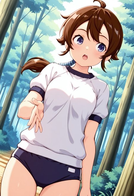 masterpiece,perfect hands,anime_coloring,anime_clothing,best quality,Tokia_DMO, 1girl, gym uniform,buruma,solo, brown hair, ponytail,forest, dynamic angle,open mouth,cheek,