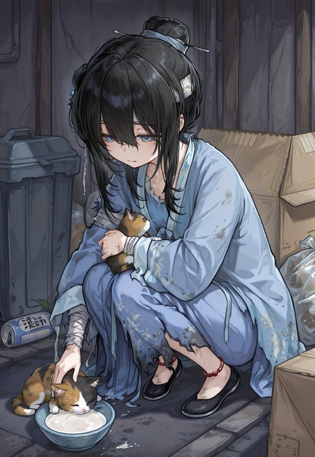 masterpiece, best quality, amazing quality, ultra quality, detailed, detailed background, very aesthetic, absurdres, dynamic composition, 
hl_sui, 1girl, blue eyes, grey eyes, mole under eye, black hair, long hair, single hair bun, bangs, hair between eyes, sidelocks, torn clothes, torn dress, chinese clothes, hanfu, dirty clothes, long sleeves, black footwear, bandaged arm, bandaged head, bandaged leg, anklet, 
cold, sad, hungry, half closed eyes, squatting, small cat, petting cat, cat drinking milk from a bowl,
poverty, torn clothing, dirty clothing, alley, trash, trash bags, trash can, cardboard, cardboard box, bowl, bottle, can