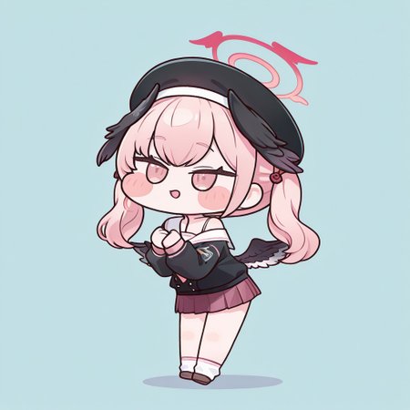 chibi,  cute, full body, simple background,

Koharu_(Blue_Archive),pink_eyes, pink_hair, long_hair, twintails, head_wings, low_wings, pink_halo

head_wings, low_wings, pink_halo, school_uniform, black_shirt, white_sailor_collar, pink_neckerchief, off_shoulder, miniskirt, pleated_skirt, red_skirt, black_headwear, beret