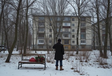 cinematic photo hyperrealistic art post-soviet, panel building, panelki, winter, A man stands in the park with his back to a bench with a bouquet of roses and a heart-shaped box of chocolates lying on it and lights a cigarette  . extremely high-resolution details, photographic, realism pushed to extreme, fine texture, incredibly lifelike . 35mm photograph, film, bokeh, professional, 4k, highly detailed