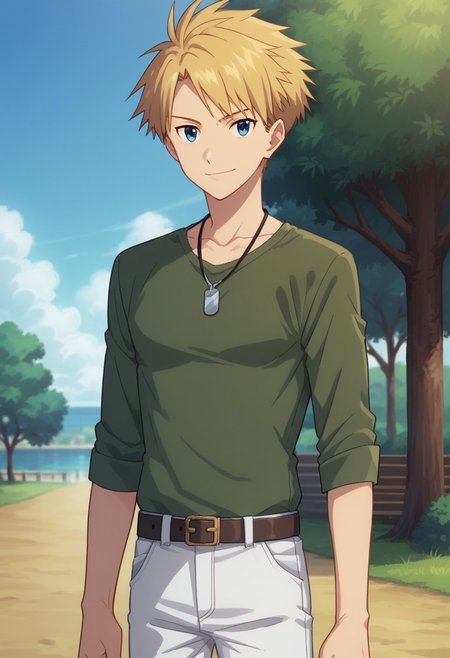 score_9, score_8_up, score_7_up, source_anime, highly detailed, 
yamakizu, 1boy, male focus, solo, blonde hair, pants, blue eyes, green shirt, belt,  shirt, white pants,
dog tags, standing, looking at viewer,  jewelry, smile, upper body
outdoor, sky, tree