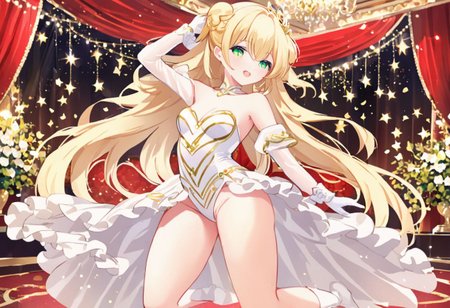 Best quality, masterpiece, exquisite ballet hall, one dancer girl with round pert breasts, dynamic movement, dancing, adorable golden blond long loose fluffy ruffled hair, adorable smooth happy face, bright green eyes, white leotard with long sleeves and gloves, bare shoulders and legs, slim waist, thick clavicle, thick pelvis, thick hips, thick thighs