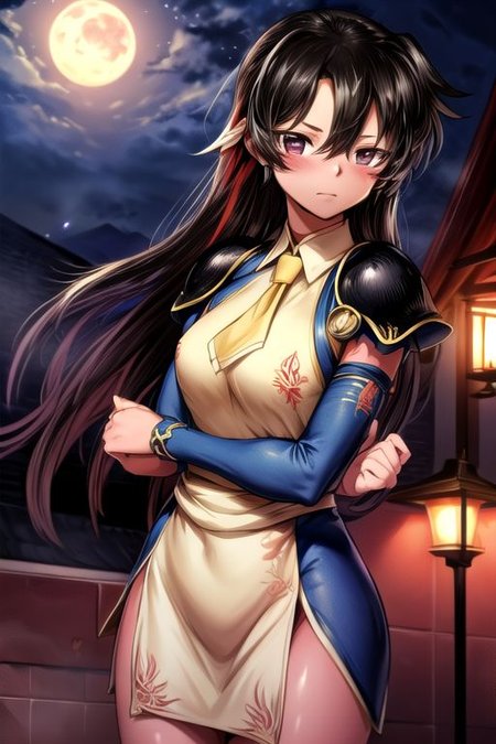 best quality 1girl Setsun4 solo long hair,  (night time) forest background black hair very long hair purple eyes multicolored hair armor, small, (fur trim) (medium body),<lora:EMS-179-EMS:0.800000>,<lora:EMS-293862-EMS:0.800000> bow, hair_bow, hair_tubes, red_bow, brown_hair, long_hair, bangs, ascot, frilled_bow, yellow_ascot, blush, smile, hair_between_eyes, athletic, armor, miko, ,(((intricate outfit,intricate clothes,embroidered outfit,ornate outfit,embroidered clothes,ornate clothes))), strengthmda, crossed arms,