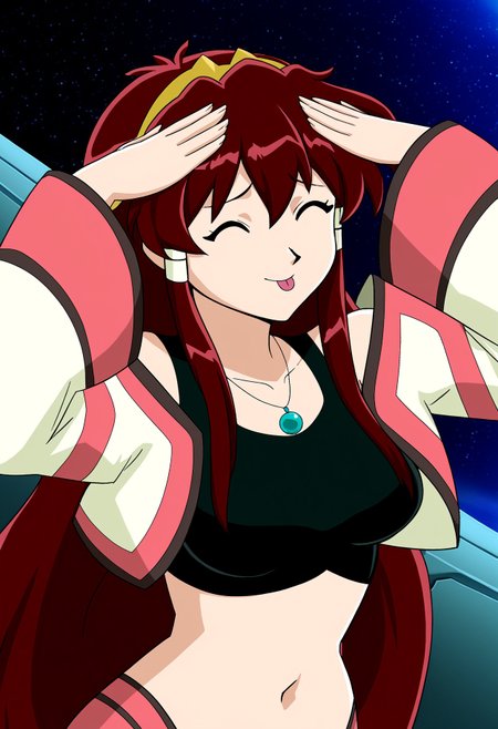 high quality, newest, highres, 1girl, dita leibely, solo,closed eyes, :p,smile, AhEtoBlehMeme, hands on own head,pendant, red hair, long hair, very long hair, hair tubes, hairband, medium breasts, large breasts, crop top, cropped jacket, bare shoulders, indoors, space, long sleeves,