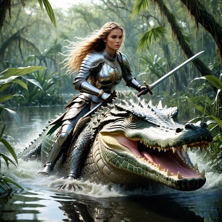 Photorealistic, fierce female knight with flowing hair in ornate   riding a powerful crocodile through a dense swamp, intense and focused expression, realistic water reflections, lake,  and detailed scales on the crocodile, dynamic and lifelike setting with swamp vegetation, high detail and complexity, dramatic and lifelike scene