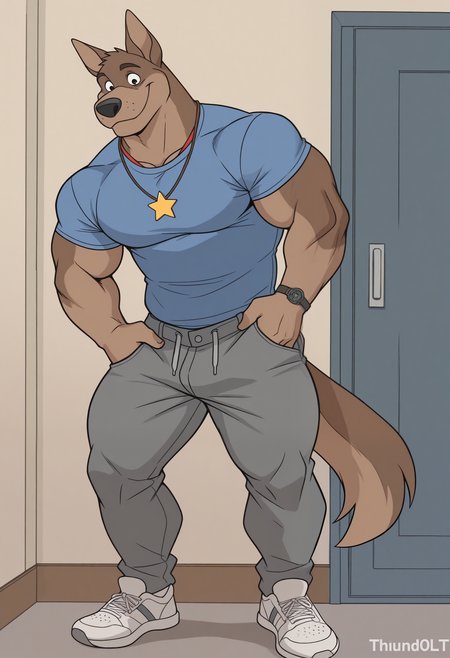 masterpiece,best quality,amazing quality, 1boy, solo, thund3rb0lt, anthro dog, bara, star necklace, shirt, pants, tail, full body,