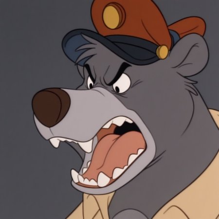 masterpiece, best quality, amazing quality, baloots, male, furry male, anthro, solo, sloth bear, grey fur, two tone fur, grey muzzle, brown nose, black eyes, claws, brown shirt, red pilot cap, angry, snarling, teeth, close up, portrait, grey background