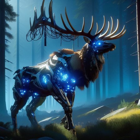 Full metal robot, non- humanoid robt, scifi,   (Ultra Realistic:1.0),32k,(Masterpiece:1.0),(High Detailed Skin:1.0),( High Quality:1.0), (Detailed Realistic Background:1.3), (Official Art, Beautiful and Aesthetic:1.2), (Realistic Lighting:1.0), glowing, day, science fiction, nature, grass, deer, scenery, mountain, non-humanoid robot, forest, "Majestic, machine-like elk in sunlit forest. Metallic plating, sleek mechanical musculature, antlers with glowing blue energy. Horizon Zero Dawn-inspired inspection. Smaller, agile machine animal scans elk. Glowing sensors, precise movements. Analyzing joints, exposed wiring, hydraulics. Soft mechanical clicks, scanning blue lights. Cinematic lighting, sunbeams through trees. Calm yet epic atmosphere, blending nature and technology. Elk still, responding subtly to inspection. Futuristic, detailed design, evokes Horizon Zero Dawn style."