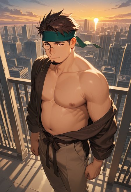 1boy, mbti_isfp, mature man, muscle body, (chubby:0.8), short hair, brown eyes, goatee, headband, monocle, standing on balcony, looking at view, city skyline, sunset, wind, charismatic, confident, cool, aesthetic, epic view, highres, masterpiece, best quality, golden hour, wide shot, partially undressed, sensual, exposed chest