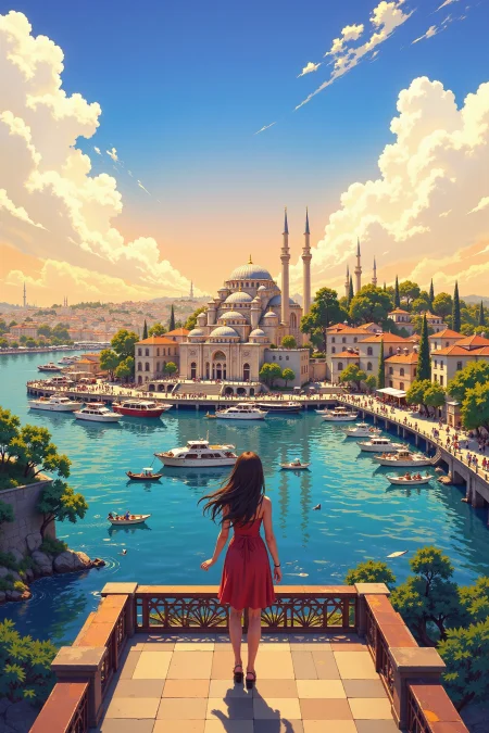 Istanbul, Turkey beautiful  landscape, bright sunny sky, woman, very intricate, very detailed, sharp, bright, colorful, <lora:Hand v2:0.5> <lora:Anti-Blur:1><lora:Insane Detail Slider:0.25>  <lora:flux.1_lora_flyway_Epic-detail_v2:0.3> <lora:fluxenhancer:0.25> <lora:ROWER:0.8> <lora:flux-charmer-v1-1:0.4> <lora:Anime art - Variant 3:0.6> Anime art