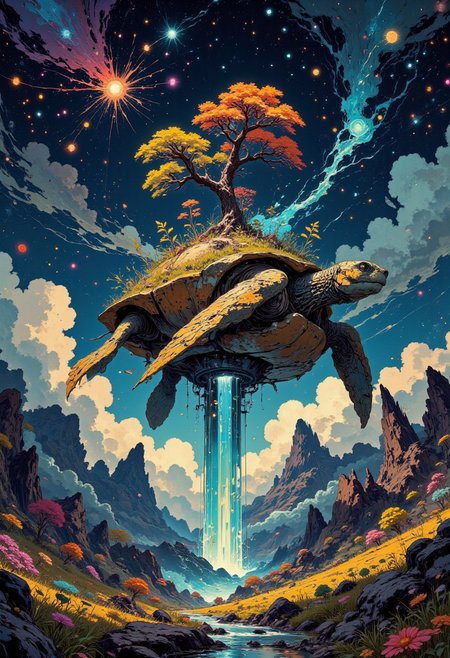 This surreal visual masterpiece features an ancient, weathered turtle gracefully hovering in the infinite expanse of outer space. The turtle's massive, textured shell serves as a foundation for a breathtaking miniature world that unfolds on its back. In the center of this fantastical landscape, a towering solitaire bonsai-style tree with rainbow-colored foliage stands proudly, its vivid hues glowing with an otherworldly brilliance.
The tree is surrounded by a lush, vibrant meadow that radiates life, while dramatic mountains encircle the scene, their peaks reaching upward as though to touch the stars. A cascading waterfall flows from the meadow’s edge, tumbling into the void of space below, creating a mesmerizing interplay of water and cosmic light.
Encircling the turtle are intricate constellations and swirling galactic nebulae, their glowing colors providing a stunning celestial backdrop. The juxtaposition of photorealistic textures with a surreal painterly touch gives the image an enchanting, dreamlike quality, drawing the viewer into its otherworldly charm and endless depth.