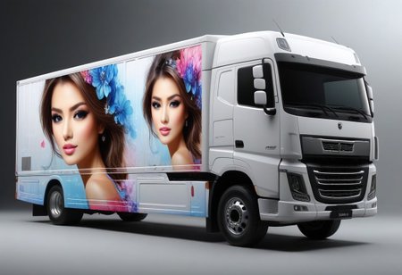 truck, side view, complete truck visible, score_9, score_8_up, score_7_up, score_6_up, score_5_up, score_4_up, UHD, 8K, masterpiece, detailed, ultra_high_resolution, lots of detail, OverallDetailXL, detailxl, lapping car,print car,painted car style, vehicle focus, four pictures of female faces on the truck.
