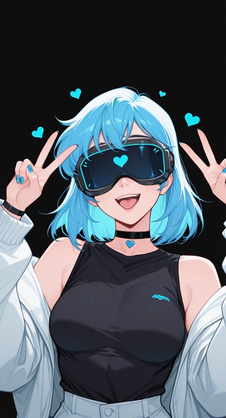 masterpiece, best quality, good quality, newest, highres, absurdres, 1girl, solo, breasts, smile, open mouth, short hair, simple background, shirt, long sleeves, bare shoulders, medium breasts, blue hair, jacket, upper body, heart, open clothes, sleeveless, choker, tongue, medium hair, off shoulder, nail polish, black shirt, hands up, sleeveless shirt, v, black choker, white jacket, black background, facing viewer, blue nails, double v, head-mounted display, p4rsley-f_illu,
melanch0ly, retro anime,
afkArenaStyle <lora:illustriousXL_stabilizer_v1.23:0.3> <lora:NOOB_vp1_detailer_by_volnovik_v1:0.3> <lora:ponyv6_noobE11_2_adamW-000017:0.3> <lora:tenebriflora-wai:0.5> <lora:afkArenaIllustrious:0.75> <lora:MelancholyAnime:0.4>