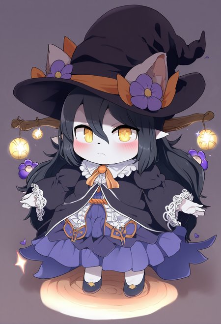 masterpiece, hyper detailed, best quality,(furry:1.3),1girl, solo, hat, witch hat, long hair, skirt, frills, shirt, yellow eyes, flower, full body, white shirt, purple flower, long sleeves, center frills, high heels, looking at viewer, animal ears, hair between eyes, pantyhose, standing, puffy sleeves, witch, black hair, bangs, closed mouth, wide sleeves, blue skirt, large hat, simple background, sparkle  ,<lora:DAGASIXLlokr8f-000188:0.95>