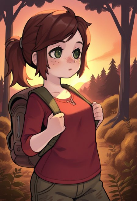 misostyle, masterpiece,  best quality, solo, ellie\(the last of us\), green eyes, ponytail, freckles,  wooded area, trees, backpack,,  red shirt, sunset, warm colors,