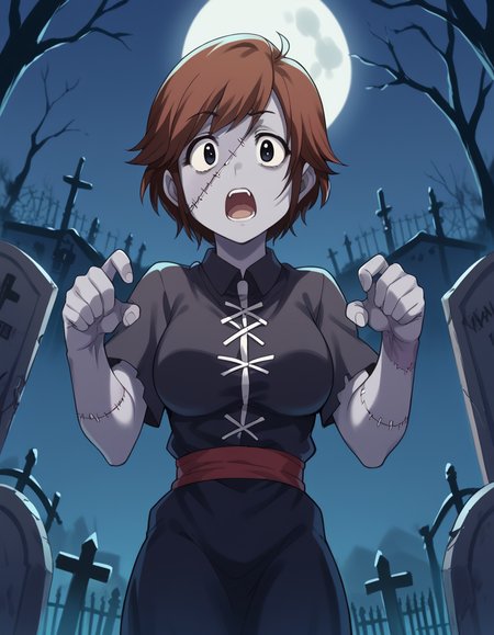 score_9, score_8_up, score_7_up, source_anime, <lora:kyouko-houin-s1-ponyxl-lora-nochekaiser:1>, kyouko houin, short hair, large breasts, brown hair, black eyes,, <lora:zombie-ponyxl-lora-nochekaiser:1>, zombie, colored skin, stitches, grey skin, multicolored skin, stitched face, zombie pose, halloween, halloween costume,, night, moon, graveyard, tombstone, grave, open mouth, , dutch angle, cowboy shot