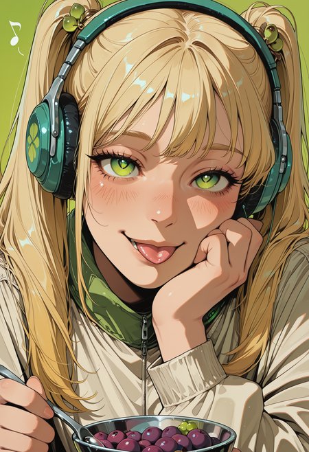 embedding:IllusP0s, codex sss chroma
 1girl, solo, close-up, blush, smile, tongue_out, blonde_hair, twintails, long_sleeves, green_eyes, gradient_eyes, eye_reflection, eyelashes, big_eyes, hair_ornament, cat_ear_headphones, jacket, open_jacket, grapes, spoon, holding_spoon, musical_note, eighth_note, spoken_musical_note, green_background