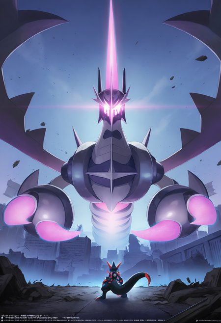 masterpiece, best quality,,detailed_background,indoors,pokemon \(creature\),city,claws,phyco \(pokemon\),tail,creatures \(company\),beast ball,naganadel,game freak,ultra beast,pokemon usum,ultra recon squad uniform,official art,guzzlord,1girl,sharp teeth,glowing eyes,poke ball,gen 7 pokemon,wreckage,spikes,building,stinger,1boy,debris,horns,soliera \(pokemon\),nintendo,artist request,ruins,copyright notice,glowing,sky,teeth,pokemon,helmet,from behind,glowing mouth,wings