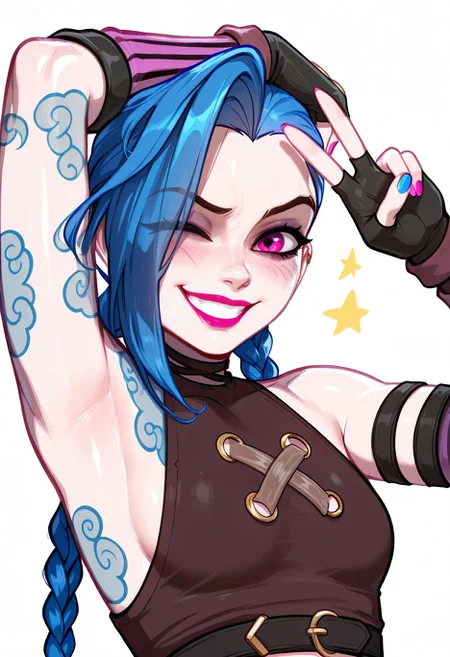masterpiece,best quality,amazing quality, absurdres,<lora:blushyspicy_style_ilxl_goofy:1> arcane jinx, jinx \(league of legends\), 1girl, arm tattoo, armpits, asymmetrical bangs, black gloves, blue hair, blue nails, blush, braid, cloud tattoo, fingerless gloves, gloves, grin, long hair, looking at viewer, multicolored nails, nail polish, one eye closed, pink eyes, pink nails, simple background, sleeveless, smile, solo, tattoo, twin braids, upper body, v, white background