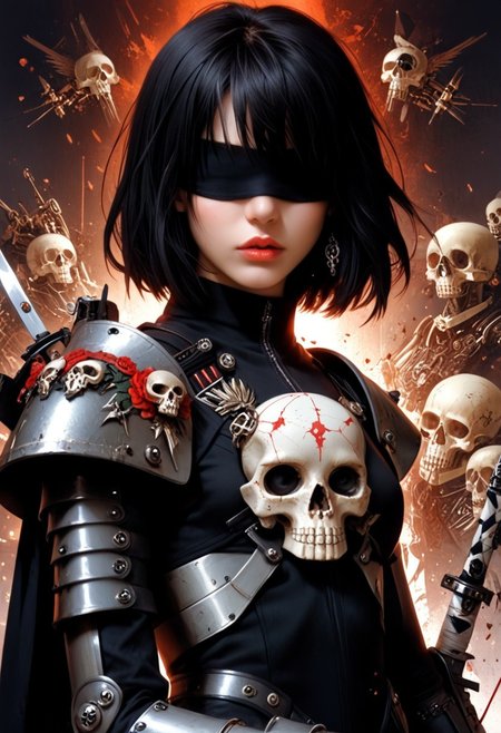 (((black hair))), (((bangs over eyes))), (((black blindfold))), 1girl, russian, Caucasian, (Cinematic Angle),
upper body,
edgAdepta, 1girl, solo,bob cut, weapon, white hair,one handed sword, lips, blood, rose, gauntlets, skull ,wearing edgAdepta,power armor,pauldrons,skull emblem,  <lora:edgIllustriousXLAdeptaSororitas-000004:0.85>
very aesthetic, masterpiece, best quality, very aesthetic, highres, absurdres, sensitive