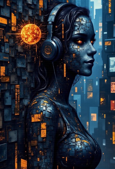 bo-abyss, bo-digitalabstract, in the style of cksc,  A picture of a woman happily listening to music with headphones in her room. But her body and clothes slowly transform into digital distortions, glitch patterns and fragmented texts of code. The room and the world around her slowly dissolve into layered textures and abstract geometry shapes glowing with ethereal lighting.