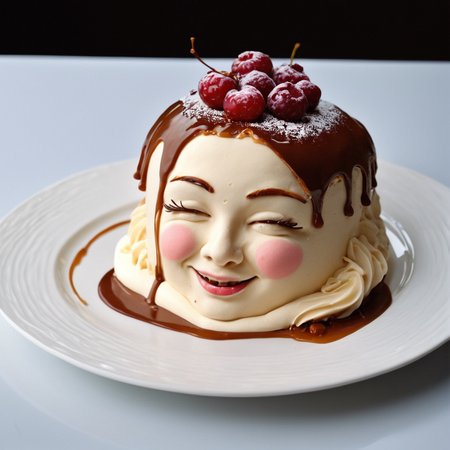 cake female head on pillow smiling, skin made of marzipan, hair made of chocolate, eyes made of caramel, tears from milk cream, on a plate, piece of cake from face cut off, layers of sponge and cream visible, cranberry cream pouring out. gourmet, pastry art, intricate, maximalist, light and shadow, photo by Irwin Penn