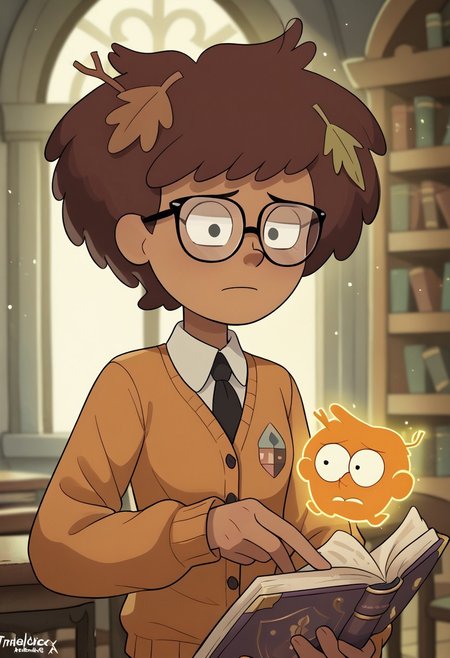 score_9, score_8, score_7, score_6,
triplevexx, solo, anneboonchuy, brown hair, dark-skinned female, leaf hair ornament, short hair
Character Description: A young woman with glasses and a curious expression, surrounded by books.
Outfit: A vintage dress with lace details and a cardigan, carrying a stack of ancient tomes.
Action: She is reading an open book, with glowing symbols floating around her.
Background: A grand library filled with towering shelves and magical artifacts.
Composition Details: Soft, warm lighting creates an inviting atmosphere, with a medium shot to capture her expression and the floating symbols.