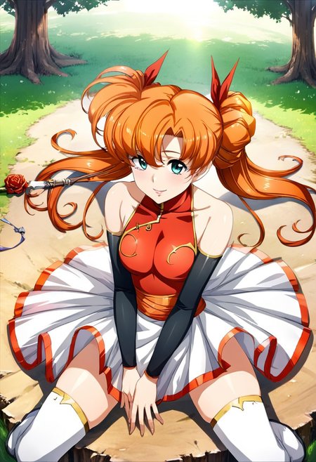 masterpiece,best quality,very aesthetic,absurdres,fantasy,solo,1girl,
<lora:tiaris_v1:1>,tiaris,t_clothes,wand,shiny hair,aqua eyes,red leotard,orange hair,detached sleeves,white mini skirt,white footwear,<lora:Fixhands_anime_bdsqlsz_V1:1>
 ,,looking_at_viewer,dynamic_angle,kind_smile,sitting_on_rock,lawn,flower,large tree,shadow,head_tilt,from_above,pov, (((feminine bodies))),(((perfect anatomy))), (((correct arms))), (((correct hands)))
,masterpiece,best quality, very aesthetic, absurdres, ultra detailed, high resolution, 4k, extremely detailed CG,