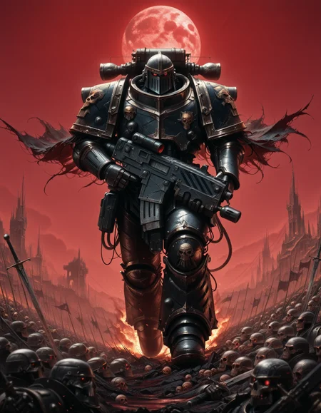 masterpiece, best quality, high quality, newest, highres,8K,HDR,absurdres, IronW40k, (multiple boys, multiple men), military march, army, marching, holding bolter, heavy bolter, helmet, detailed helmet, red eyes, mechanical power armor, intricate patterns, ethereal glow, holding sword, armored gauntlets, BREAK
war background, ruins, burning, skulls, blood moon, red sky, horror \(theme\), dark, creepy, misty environment, depth of field, dramatic lighting, detailed background, dynamic pose, foreshortening, fantasy illustration, military march, cinematic shot., detailed background, dynamic pose, dynamic composition,dutch angle, detailed backgroud,foreshortening,blurry edges 
BREAK <lora:ILLIronW40k:1>  <lora:cyber_style_illustrious:1> wm_cyber,  <lora:Bolter_-_Warhammer_40000_Pony_SDXL:1> a bltgun bolter weapon