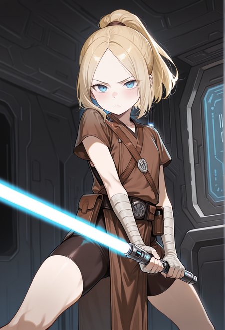 1girl, star wars, jedi, blonde hair, ponytail, parted bangs, blue eyes, holding blue lightsaber, indoors, science fiction, spacecraft interior, brown tunic, arm wrap, pelvic curtain, belt, pouch, serious, bike shorts, flat chest, brave_pose <lora:Brave_Pose:1>  <lora:Abby_Illus:1>, masterpiece, best quality, amazing quality, very aesthetic, absurdres, highres, newest