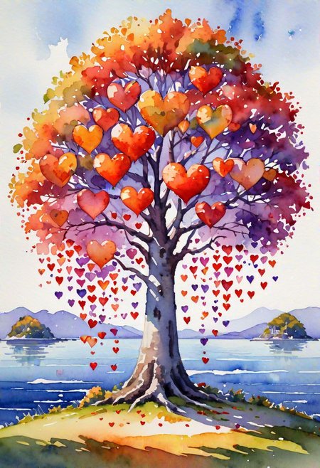 777 red, purple, blu and orange little hearts on a linden tree, the tree stands on a small island, the island is surrounded by an ocean, the sun is shining, Watercolor, trending on artstation, sharp focus, studio photo, intricate details, highly detailed, by greg rutkowski