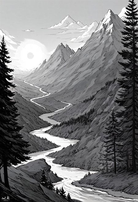 score_9, score_8_up, score_7_up, masterpiece, landscape, trees, sun, forest, mountains, river