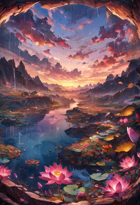 oil matte art, best quality, calm relaxing scenery, beautiful anime landscape, lotus lake, beautiful digital art, DarkFantasy, red glow, autumn, great reflections, wet, panoramic view, rain, wet, huge wall, on the mountain cliff, detailed rocky cliffs, detailed clouds, fisheye lense, flower field, crystal clear, dark clouds in the background, bokeh, OverallDetail, depth of field, detailed art, expressionism,
extremely detailed, UHD,
