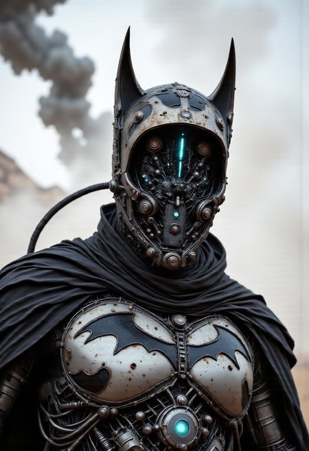 A cpstyle DARK moody hyperdetailed Fantasy closeup portrait dmpfm07 of a steam-driven steampunk Batman, his imposing cowl forged from interlocking brass plates, reinforced rivets, and a labyrinth of pressurized piping. The bat-eared helmet, a fusion of Victorian ingenuity and industrial brutality, features a translucent glass visor, fogged from within, revealing a network of oscillating mechanical gauges, pressure valves, and articulated servo mechanisms calibrating in real time. Hydraulic pistons twitch subtly beneath the armored frame, while a compact but hyper-complex combustion unit embedded at the base chugs erratically, releasing bursts of dense, inky-black vapor. His segmented pauldrons and armored chestplate are adorned with finely wrought filigree and rust-laced patina, exuding an aura of gothic grandeur. Monochromatic with neon blue luminescent highlights piercing through the industrial haze, the bat emblem on his chest flickers with arcane energy. The sunlit desert backdrop is choked with synthetic white dust clouds, billowing with a glitching, voxel-based texture. Expanding pixel distortions weave through the 3D game-art composition, rendering the environment into a fragmented, dystopian machine-scape. dfmstyle.