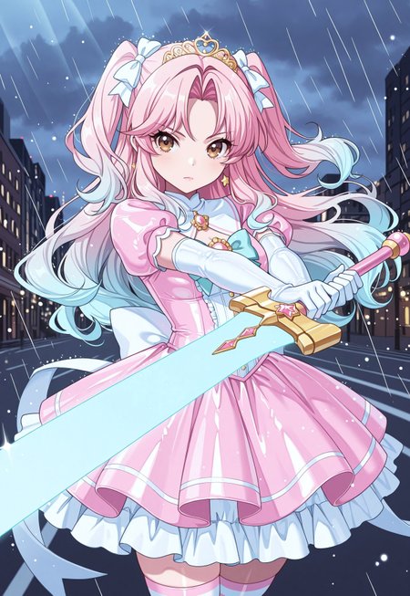 1girl, kaiseisakuraba, pink hair, brown eyes, long sidelocks, two side up, long hair, multicolored hair, gradient hair, cyan tips, masterpiece, best quality, absurdres,
(pastel colors, pastel cyan, pastel blue), pastel blue magical girl, padded magical girl dress, kawaii, frilled skirt, thighhighs, pastel cyan dress, multilayered dress, tuku, petticoat, padded dress, puffy short sleeves, elbow gloves, gold tiara, gem brooch, large bow, ribbons, lace trim, frills, latex, shiny clothes, sparkles, glitter, star earrings, rainbow accessories, jewelry,
lipgloss, eyelashes, light blush, light makeup,  
outdoors, city, night, overcast, rain,
solo, cowboy shot, fighting stance, serious, (sword guard stance), two-handed, holding sword, energy sword, huge weapon,
intricate, highly detailed, majestic, shallow depth of field, movie still, circular polarizer, light reflections, light particles, particles, sun rays