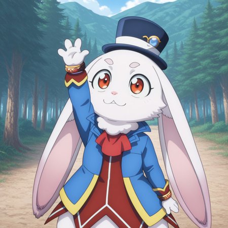 masterpiece, best quality, amazing quality, emulslfILv2, semi-anthro, female, rabbit, white fur, reddish orange eyes, dark blue top hat, red dress white trim, blue jacket yellow trim, red ascot, 1 dark red Bracelet gold trim, arm up, front view, forest