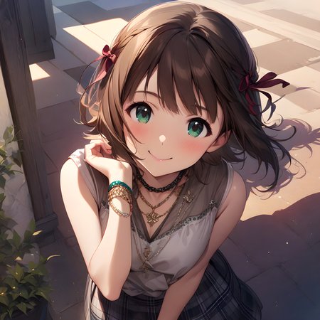 (masterpiece),(best quality),(ultra-detailed),(best illustration),(best shadow),(absurdres),(detailed background),(very aesthetic), haruka_amami, 1girl, solo, jewelry, brown hair, bracelet, smile, short hair, necklace, hair ribbon, ribbon, green eyes, plaid, shirt <lora:XL-HarukaAmami:1>