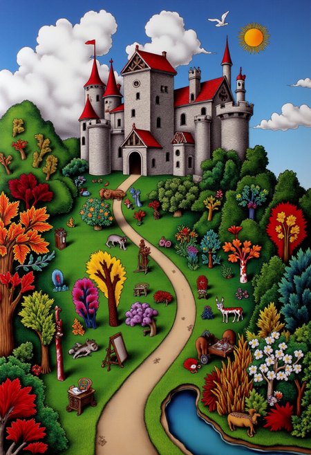<lora:kft-montys-submarine-style:0.9>
The image is a vibrant, highly detailed kftcc style digital artwork featuring     a medieval castle