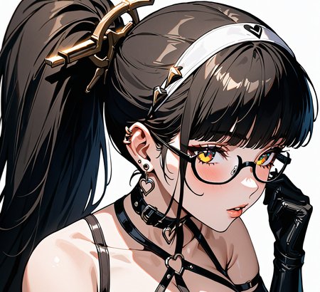 1girl, 
solo, long hair, black hair, brown eyes, collarbone, choker, blunt bangs, collar, side ponytail, looking to the side, lips, large breasts, portrait, heart o-ring, hairband, under-rim eyewear, elbow gloves, earrings, single sidelock, gloves, black choker, green pupils, jewelry, yellow eyes,(cyberpunk), white hairband, semi-rimless eyewear, cleavage, hair ornament, multiple earrings, ponytail, from above, hair behind ear, parted lips, grey horns, glasses, multicolored eyes, black gloves, brown horns, hair stick, bare shoulders, black-framed eyewear, white background, horns,
masterpiece, newest, absurdres, sensitive, <lora:eve-v1-sdxl:0.85>
