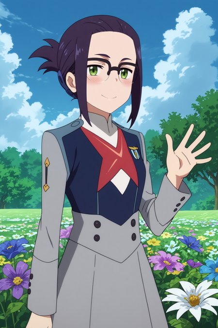 ikuno,1girl,solo,glasses,short hair,uniform,military_uniform,military,folded ponytail,waving,smile BREAK outdoors,blue sky,cloudy_sky,purple flower,flower field,tree  <lora:Ikuno_-_Darling_in_the_franxx.safetensors:0.8> <lora:detailed_backgrounds_v2.safetensors:0.5>