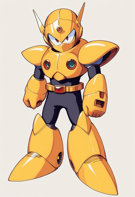 InafuneArt, score_9, score_8_up, score_7_up, score_6_up, score_5_up, score_4_up, score_9 , score_8_up, score_7_up, (mechanical face), source_anime, 1boy, solo, (multiple views:1.2), (sharp eyes), (covered mouth), (robot master), The character in the image is a vibrant and dynamic Reploid from the Mega Man X series. This Reploid has a humanoid design with a sleek, armored body. The head is distinctively topped with a large, yellow helmet that has a cannon-like attachment on the top, adding to its combat-ready appearance. The eyes glow with an intense blue light, giving the character a sharp, focused expression. The torso is solid and compact, featuring a mix of yellow and white armor with red accents that highlight the joints and connection points. The arms are robust and mechanical, with white gloves covering the hands, which are shaped into fists, ready for action, The character's legs are heavily armored, with large, yellow shin guards that add to its sturdy and resilient look. The feet are wide and equipped with strong, metallic soles, ensuring stability and strength in movement, vibrant color palette, futuristic character concept, KEIJI INAFUNE STYLE, <lora:KEIJI INAFUNE>, 1990s style, retro artstyle, anime coloring, traditional media, cel shading,