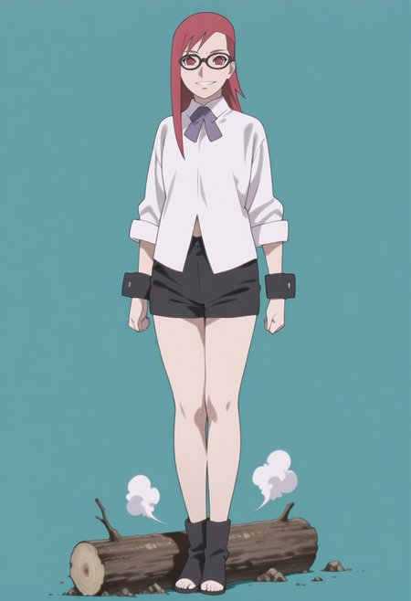 anime screencap, anime coloring, 1girl,  solo,  <lora:DX888KarinB:1> uzumaki karin, red eyes, red hair,long hair, sidecut, glasses, white shirt, collared shirt,sleeves rolled up, log sleeves,purple ribbon,wrist cuffs, black shorts, BREAK  aqua background, triangle background, simple background, BREAK solo, hovering , floating, legs together, swirling dust on the ground , full body, in the air, crazy grin