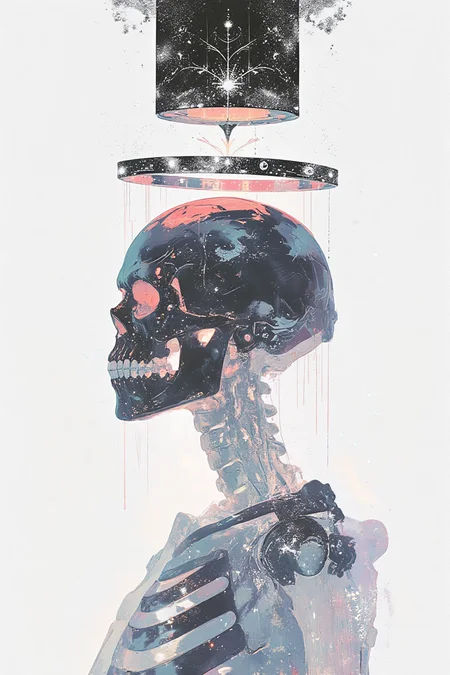 A digital artwork featuring a hyper-stylized depiction of a human skeleton in side profile, viewed from the left, with its bones rendered in pure chrome silver, gleaming with a mirror-like sheen that reflects light in dazzling highlights. The skeleton is intricately adorned with sparkling rhinestones covering its entire surface, adding a radiant, jewel-like brilliance to its metallic form. Intricate line work and meticulous shading enhance the three-dimensional appearance, blending anatomical precision with artistic abstraction. Positioned along the left vertical third of the composition, the skeleton adheres to the rule of thirds, achieving a harmonious and dynamic balance. Above its head, a surreal, asymmetrical halo in bold black patterns floats, its intricate design creating an enigmatic, otherworldly presence that contrasts sharply against the polished chrome of the skeleton. The background is a pristine white, amplifying the reflective and sparkling qualities of the skeleton and its rhinestone embellishments. The interplay of glossy silver, dazzling rhinestones, and the stark simplicity of the white background emphasizes the artwork’s futuristic and divine quality. The clean, sharp edges and stylized rendering bring a modern, high-impact aesthetic, focusing the viewer’s attention on the skeleton and its ethereal halo. HD, 8K quality, ultra-detailed, masterpiece artwork.