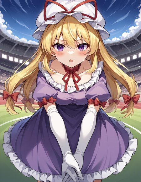 score_9, score_8_up, score_7_up, source_anime, <lora:yukari-yakumo-ponyxl-lora-nochekaiser:1>, yukari yakumo, purple eyes, blonde hair, sidelocks, long hair, hair bow, bangs, multiple hair bows,, choker, dress, elbow gloves, frilled dress, frills, gloves, hhat, hat ribbon, mob cap, puffy short sleeves, puffy sleeves, purple dress, red bow, red ribbon, ribbon, ribbon choker, short sleeves, white gloves, white hat, stadium, seats, field, game, large, , <lora:x-arms-ponyxl-lora-nochekaiser:1>, x arms, blush, open mouth, leaning forward,, looking at viewer, solo,, dutch angle, cowboy shot