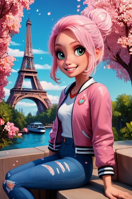 score_9, score_8_up, score_8, medium breasts, (curvy), cute, eyelashes,       BREAK, , zzBrooklynn, pink hair, single hair bun, pink jacket, denim pants,  <lora:Brooklynn_Jurassic_Park_PDXL_v2:0.7>, , BREAK,  zzEiffelTower in background, sitting, watercraft, boat, sitting on wall, side view, looking at viewer, smile,  BREAK, blooming stars, luminescent petals, otherworldly fragrance blurry background, embedding:zPDXL, Expressiveh, <lora:EiffelTowerPDXL:1.0>,  <lora:CatalystStylePDXL:0.6>,  <lora:SDXLFaeTastic2400:0.5>,  <lora:Expressive_H-000001:0.4>,